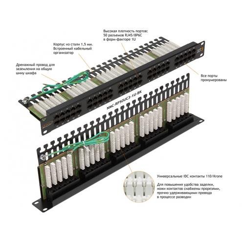 Фотография товара 'Nikomax Патч-панель 19, 1U, телефонная, категория 3, RJ45/8P6C, 110/KRONE NMC-RP50UC3-1U-BK'